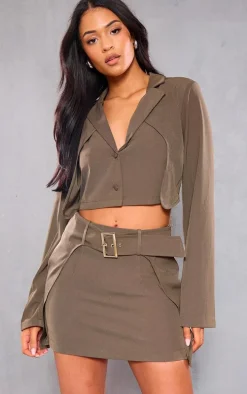 Tall Khaki Belted Detail Woven Mini Skirt