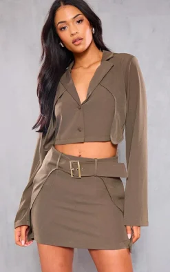 Tall Khaki Cropped Button Up Blazer