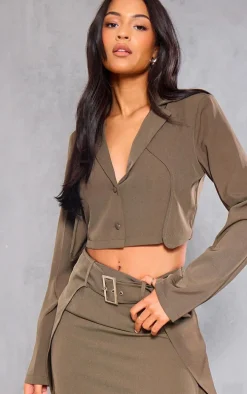 Tall Khaki Cropped Button Up Blazer