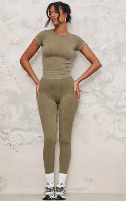 Tall Khaki Faded Snatched Rib Longline Short Sleeve T-shirt