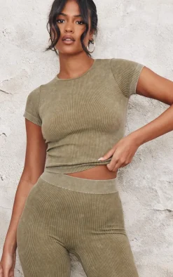 Tall Khaki Faded Snatched Rib Longline Short Sleeve T-shirt
