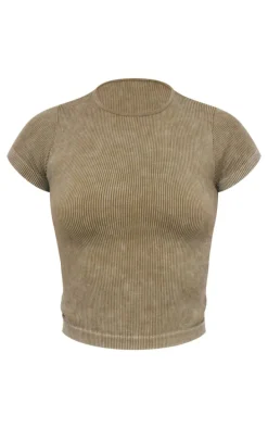 Tall Khaki Faded Snatched Rib Longline Short Sleeve T-shirt