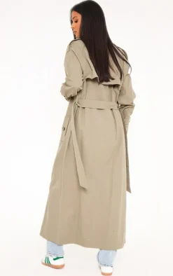 Tall Khaki Panel Detail Belted Trench Coat