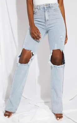 Tall Light Blue Ripped Knee Split Hem Denim Jeans