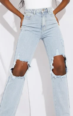 Tall Light Blue Ripped Knee Split Hem Denim Jeans
