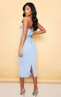 Tall Light Blue Wash Bandeau Denim Midi Dress