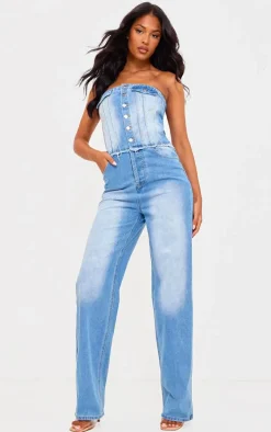 Tall Light Blue Wash Button Up Bandeau Denim Jumpsuit