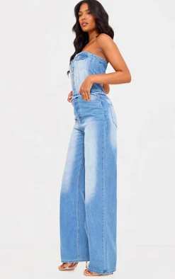 Tall Light Blue Wash Button Up Bandeau Denim Jumpsuit