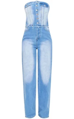 Tall Light Blue Wash Button Up Bandeau Denim Jumpsuit