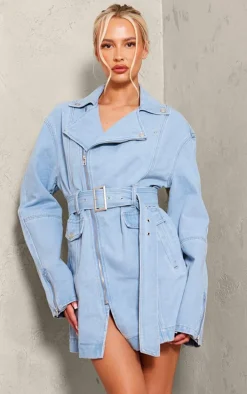 Tall Light Blue Wash Denim Long Sleeve Belted Biker Dress