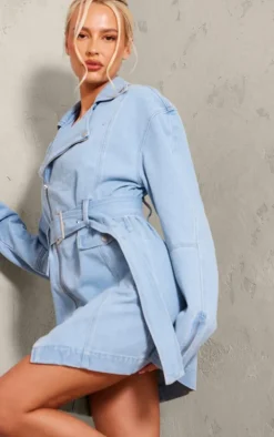 Tall Light Blue Wash Denim Long Sleeve Belted Biker Dress