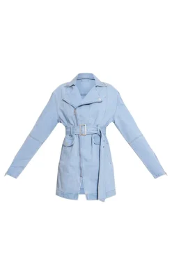 Tall Light Blue Wash Denim Long Sleeve Belted Biker Dress