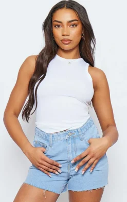 Tall Light Blue Wash Frayed Denim Shorts