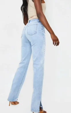 Tall Light Blue Wash Ripped Detail Split Hem Straight Leg Jeans
