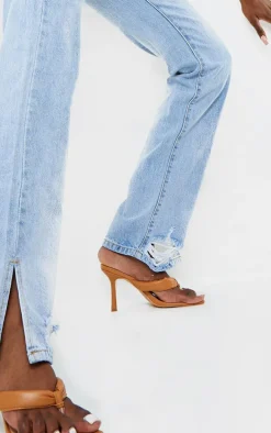 Tall Light Blue Wash Ripped Detail Split Hem Straight Leg Jeans