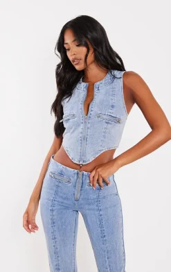 Tall Light Blue Wash Zip Detail Denim Corset Top