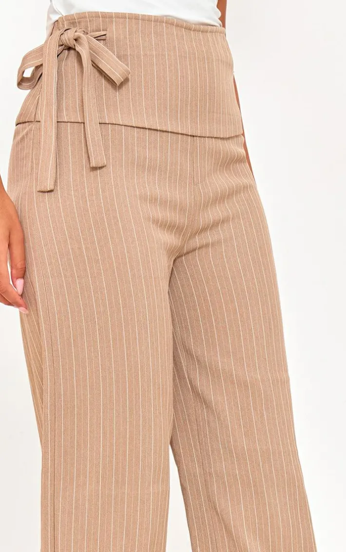 Tall Light Brown Pinstripe Tie Side Tailored Wide Leg Pants