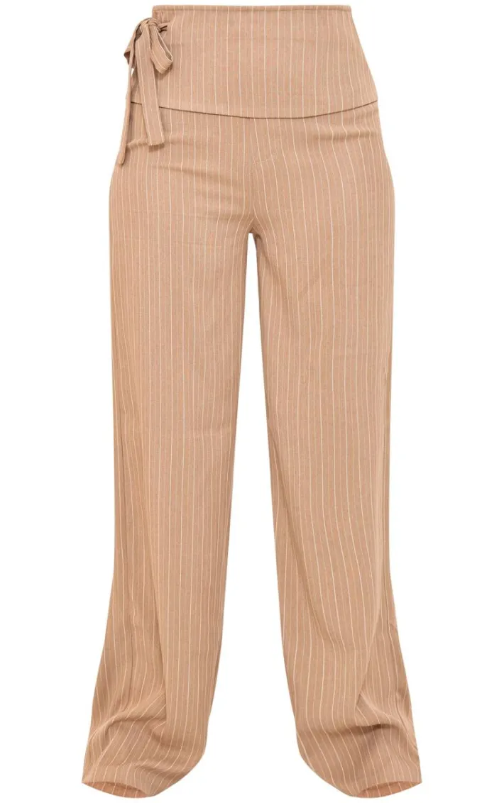 Tall Light Brown Pinstripe Tie Side Tailored Wide Leg Pants