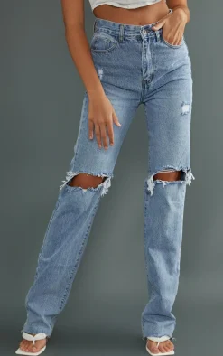 Tall Light Wash Extra Long Ripped High Waist Straight Leg Jeans