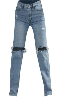 Tall Light Wash Extra Long Ripped High Waist Straight Leg Jeans