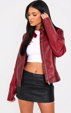Tall Maroon Washed Faux Leather Oversized Seam Detail Jacket