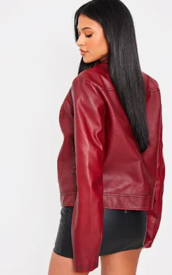 Tall Maroon Washed Faux Leather Oversized Seam Detail Jacket