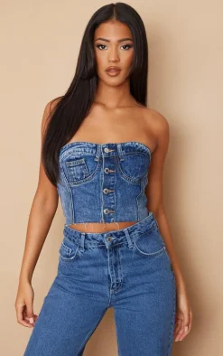 Tall Mid Blue Acid Wash Denim Button Up Corset Top