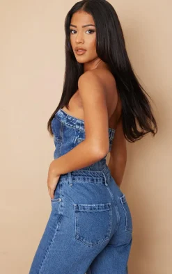 Tall Mid Blue Acid Wash Denim Button Up Corset Top