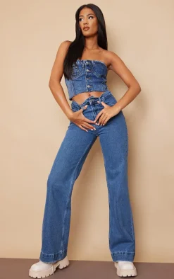 Tall Mid Blue Acid Wash Denim Button Up Corset Top