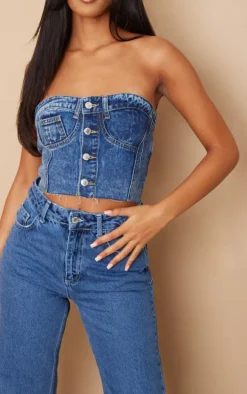 Tall Mid Blue Acid Wash Denim Button Up Corset Top