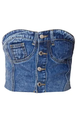 Tall Mid Blue Acid Wash Denim Button Up Corset Top