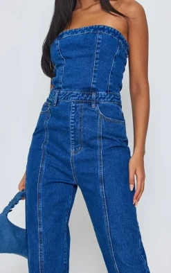Tall Mid Blue Wash Bandeau Straight Leg Denim Jumpsuit