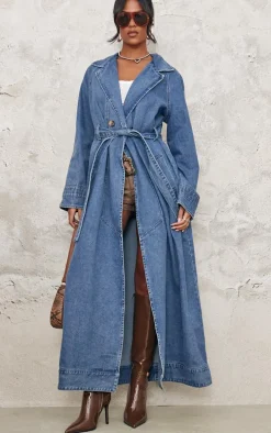 Tall Mid Blue Wash Belt Detail Denim Trench Coat