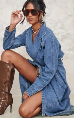 Tall Mid Blue Wash Belt Detail Denim Trench Coat