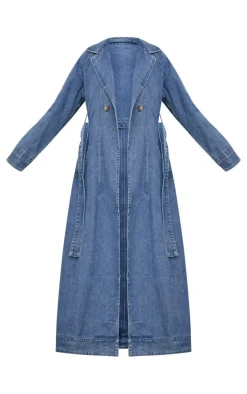 Tall Mid Blue Wash Belt Detail Denim Trench Coat