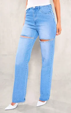 Tall Mid Blue Wash Diamante Cut Out Detail Mid Rise Straight Leg Jeans