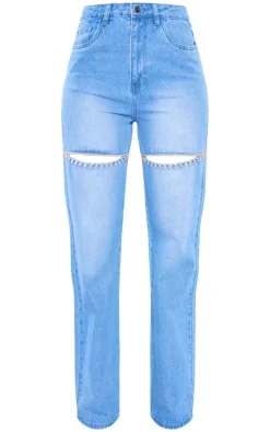 Tall Mid Blue Wash Diamante Cut Out Detail Mid Rise Straight Leg Jeans