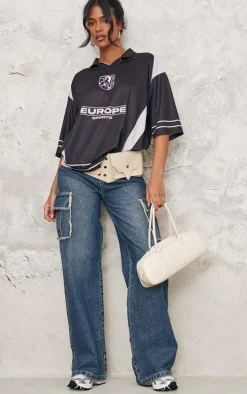 Tall Mid Blue Wash Frayed Seam Cargo Pocket High Waist Boyfriend Jeans