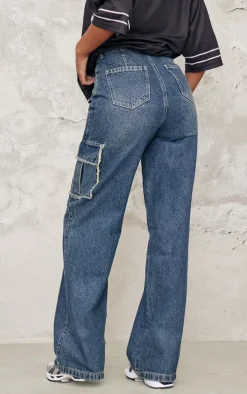 Tall Mid Blue Wash Frayed Seam Cargo Pocket High Waist Boyfriend Jeans