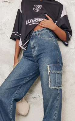 Tall Mid Blue Wash Frayed Seam Cargo Pocket High Waist Boyfriend Jeans