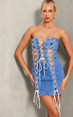 Tall Mid Blue Wash Lace Up Detail Denim Mini Dress
