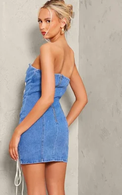 Tall Mid Blue Wash Lace Up Detail Denim Mini Dress