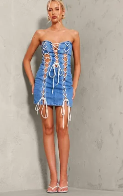 Tall Mid Blue Wash Lace Up Detail Denim Mini Dress