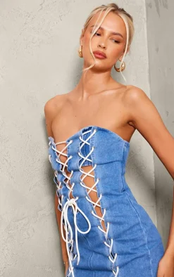 Tall Mid Blue Wash Lace Up Detail Denim Mini Dress