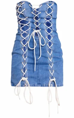 Tall Mid Blue Wash Lace Up Detail Denim Mini Dress