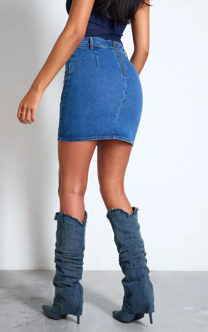 Tall Mid Blue Wash Overlay Design Denim Mini Skirt