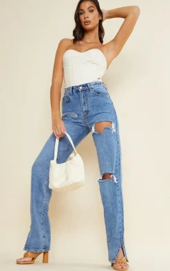 Tall Mid Blue Wash Ripped High Waist Split Hem Jeans