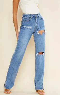 Tall Mid Blue Wash Ripped High Waist Split Hem Jeans