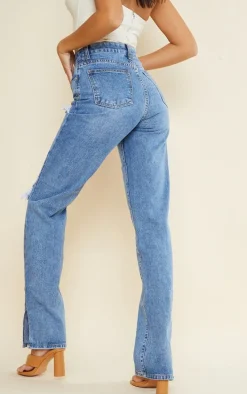 Tall Mid Blue Wash Ripped High Waist Split Hem Jeans