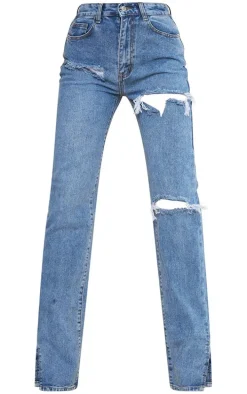 Tall Mid Blue Wash Ripped High Waist Split Hem Jeans